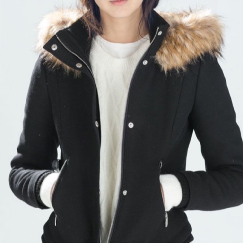 Zara Women’s Basic Outerwear Black Jacked Fur Hood